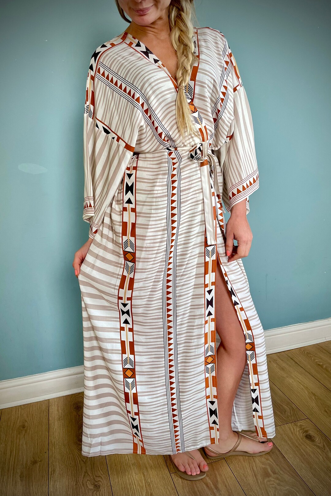 Cotton Kimono Robe: Vintage Boho Aztec Cream Loungewear - Etsy