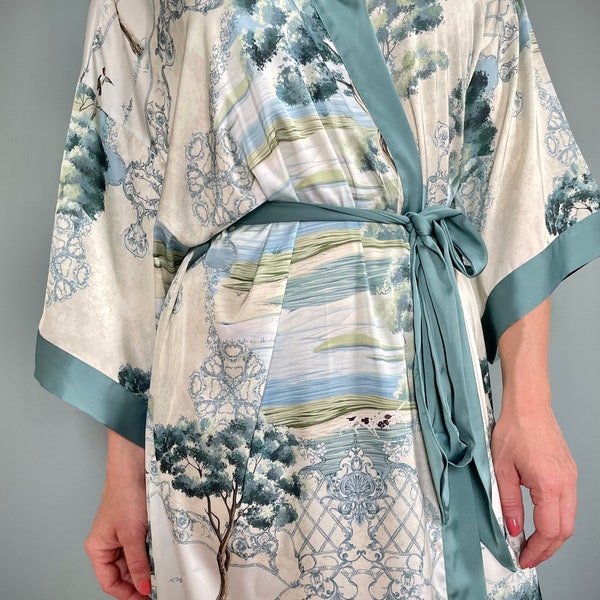 Kimono Robe, Long Dressing gown, Oriental Kimono, Dressing Gown, Vintage Robe, Boho Robe, Bridesmaid Robe, English Garden, Satin Kimono Robe