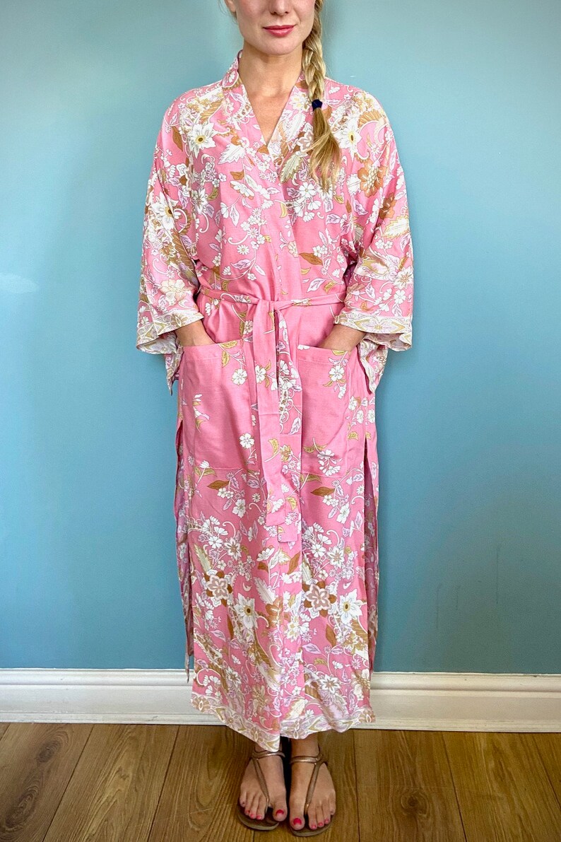 Pink Kimono Robe Dressing Gown Vintage style Floral Print Etsy