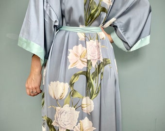Kimono Robe, Bridal Gown, Oriental Robe, Dressing Gown, Vintage Style, Bridesmaid Robe, Silver Magnolia, Plus Kimono Robe, Gifts For Her