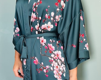 Teal Satin Kimono Robe: Pink Floral Bridal Gown, Boho Dressing Gown