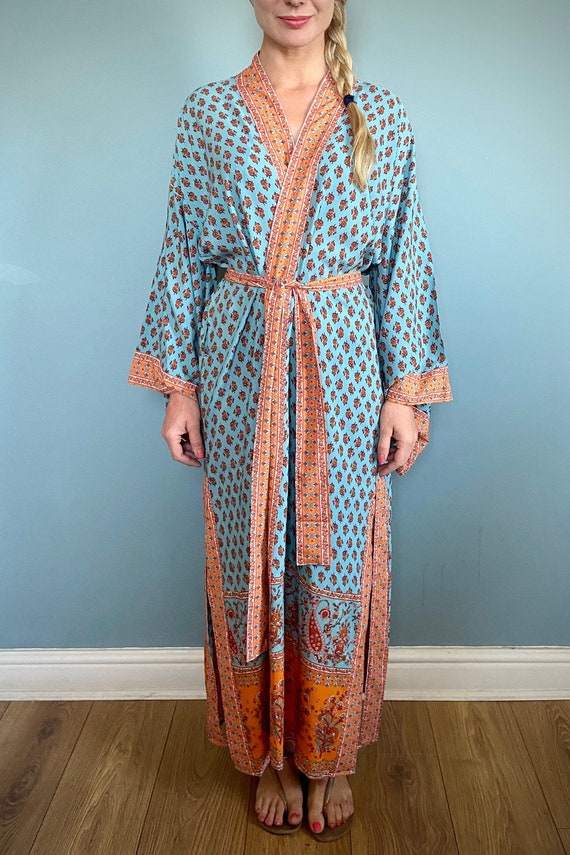 Long Cotton Robe Night Wear Suit Kimono Indian Dressing Gown Floral Bath Robe Turquoise Cotton Fabric Kimino| Cotton Robe