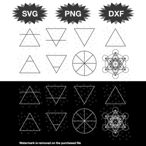 May include: A digital design image featuring geometric shapes in white against a black and white background. The image includes triangles, circles, and a complex geometric figure, with text labels for SVG, PNG, and DXF file formats.