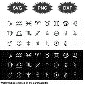 Może przedstawiać: Czarno-biały cyfrowy projekt z symbolami zodiaku i ikonami niebieskimi. Obraz zawiera tekst "SVG", "PNG" i "DXF" w kształtach gwiazd, wskazujących formaty plików. Znak wodny jest usunięty.