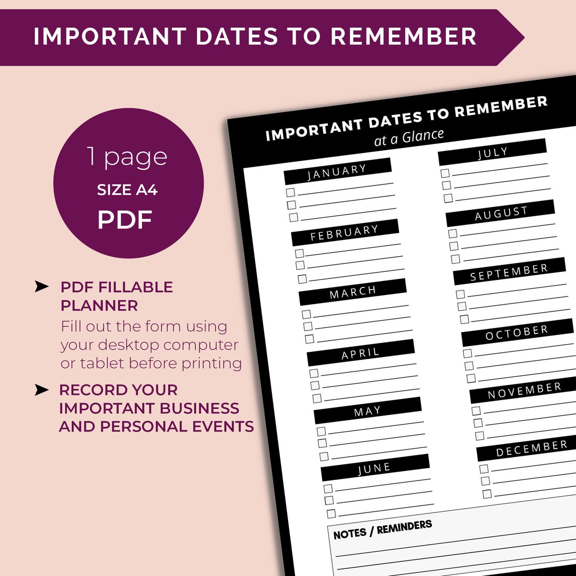Important Dates To Remember Calendar Important Event Calendar Etsy