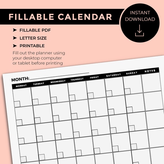 Fillable 30 To 31 Days Calendar Monthly Planner Editable | Etsy