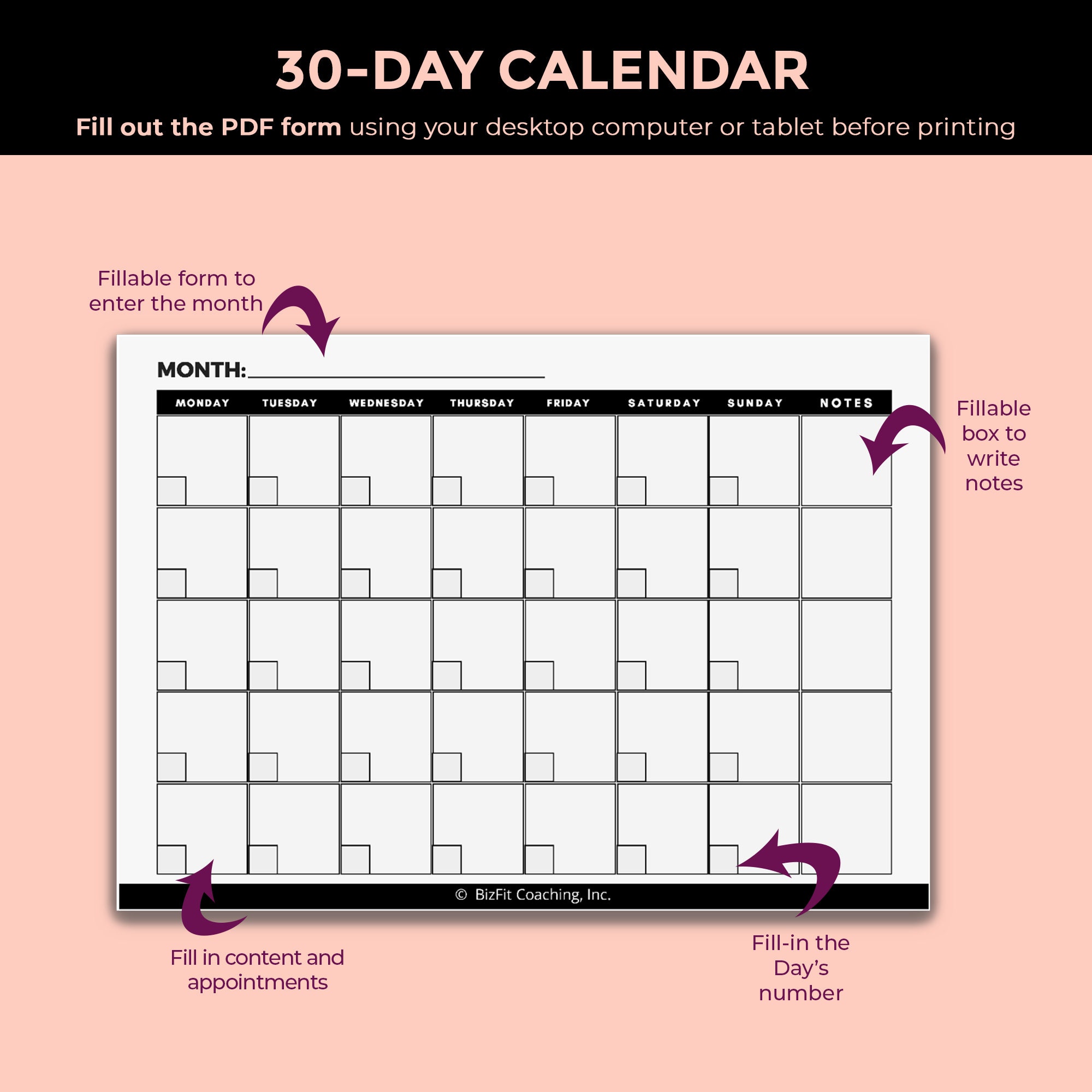 Fillable 30 to 31 Days Calendar Monthly Planner Editable and - Etsy UK