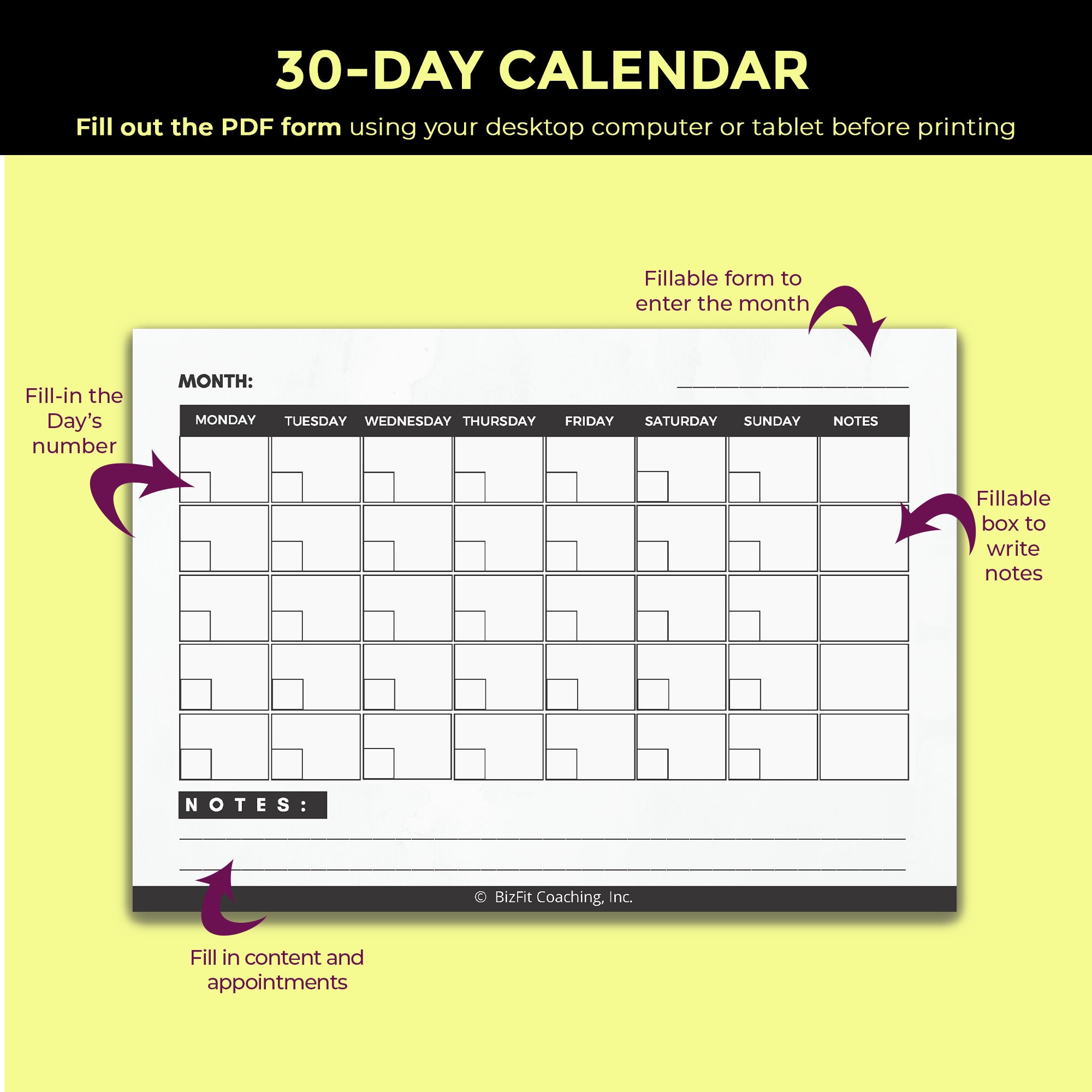 30Day Calendar Monthly Planner Calendar Fillable and Etsy España