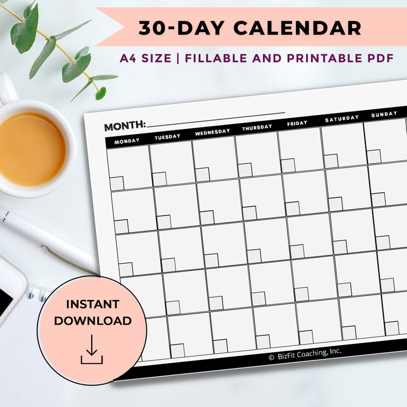 Fillable 30 to 31 Days Calendar, Monthly Planner, Editable and ...