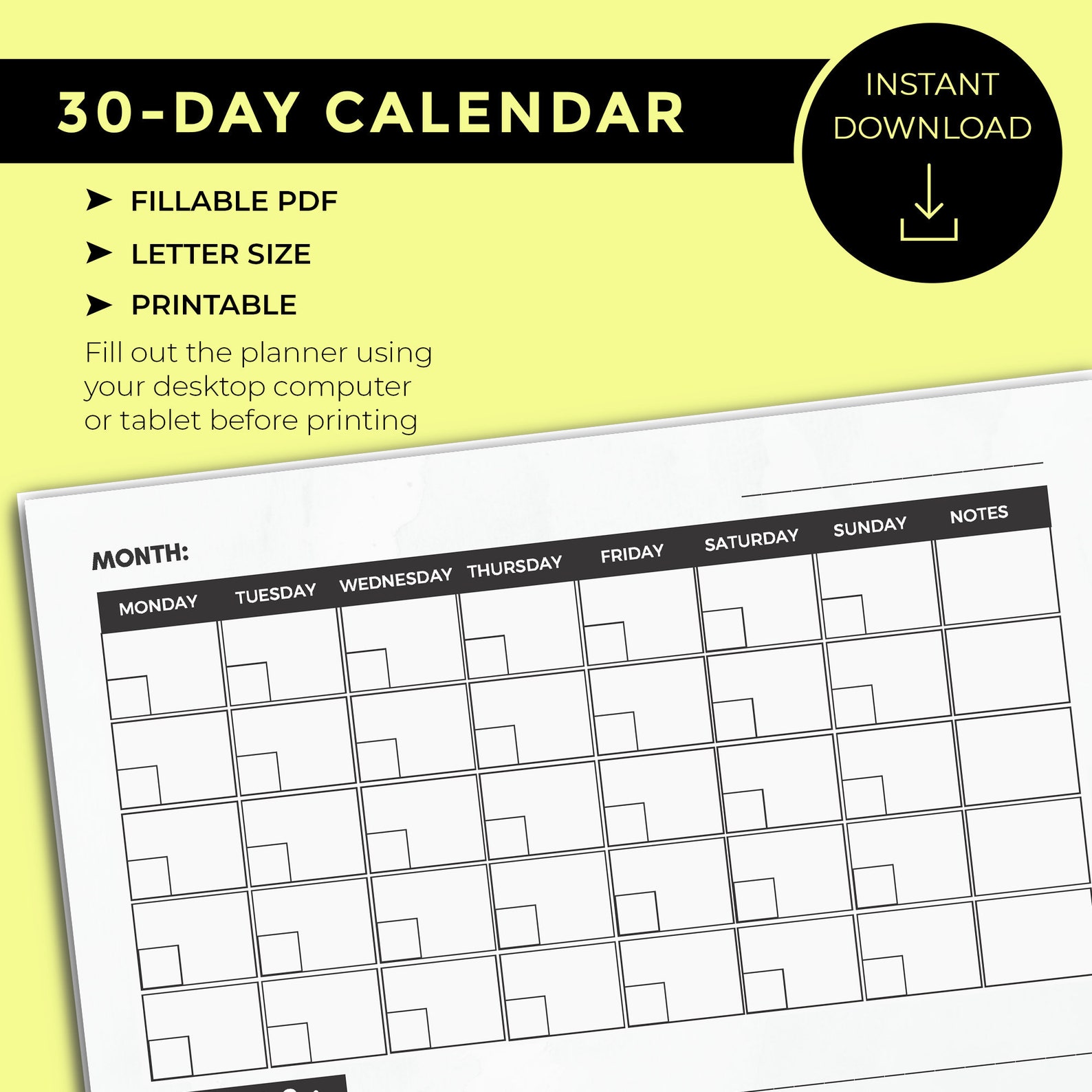 30Day Calendar Monthly Planner Calendar Fillable and Etsy España