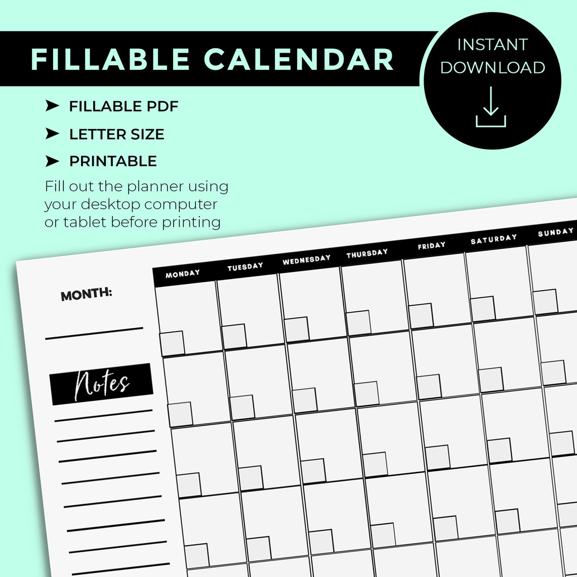 Fillable Calendar Monthly Calendar Planner Fillable and Etsy Fillable Calendar Monthly Calendar Planner Fillable and Etsy