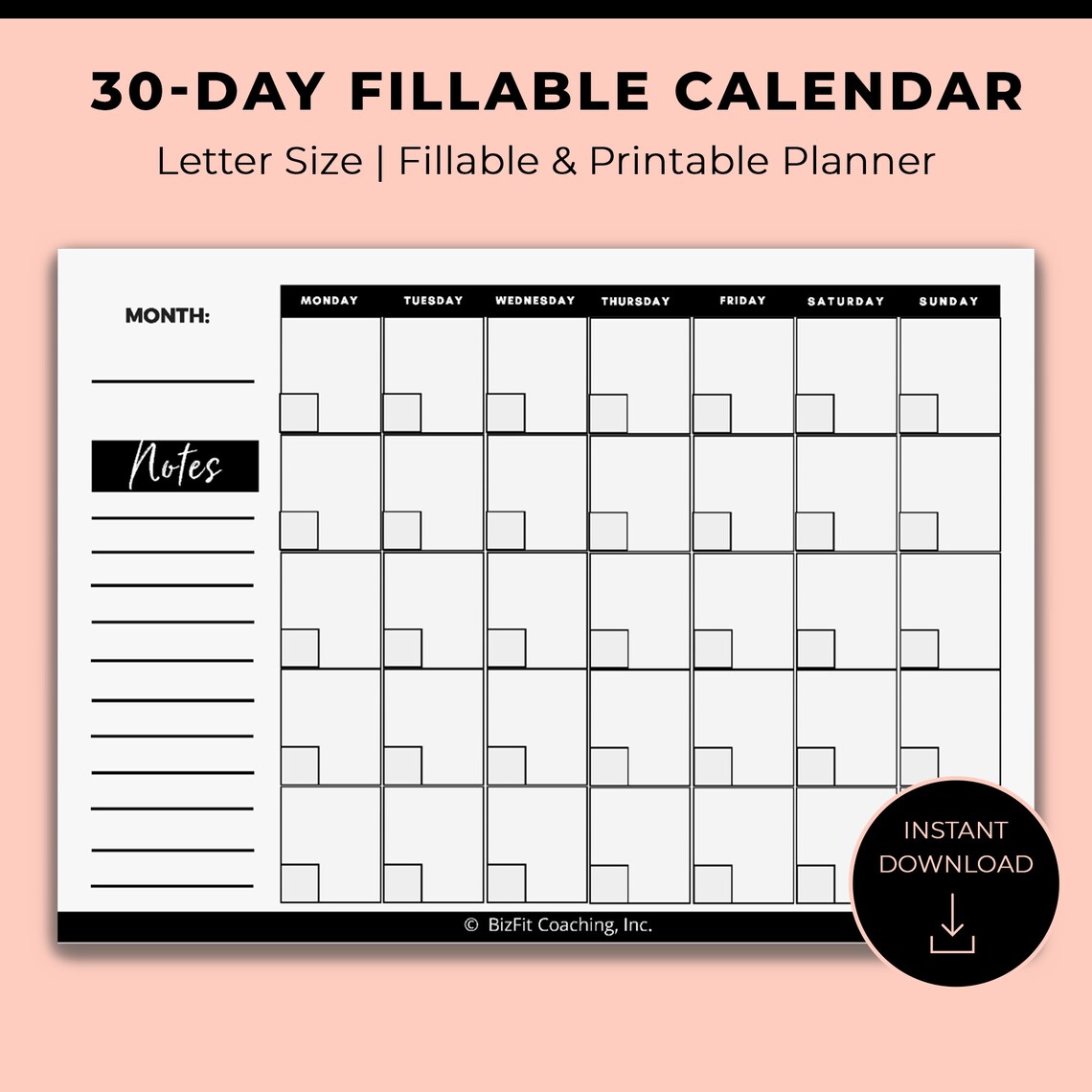 Fillable 30 to 31 Days Calendar Monthly Planner Editable and - Etsy UK