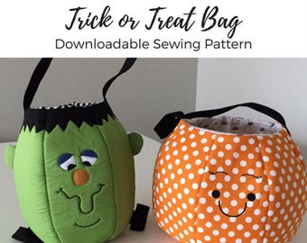 Printable SEWING PATTERN Trick or Treat Bag Pumpkin and Monster Bucket PDF Digital Download