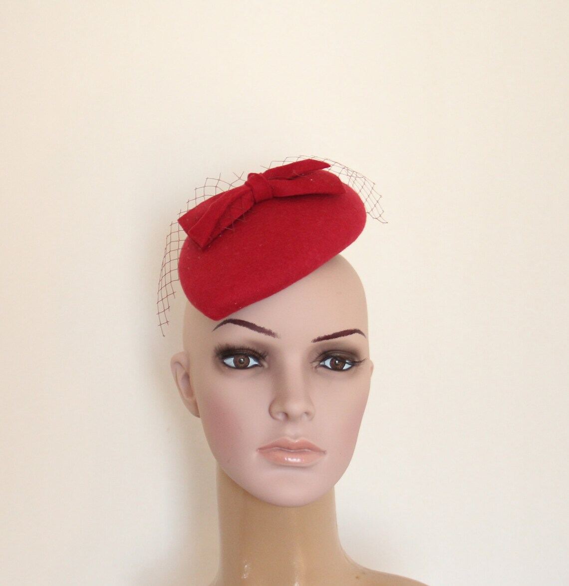 Red Pillbox, Merino Wool Fascinator Hat Red Bow Hat, Red Pillbox Hat