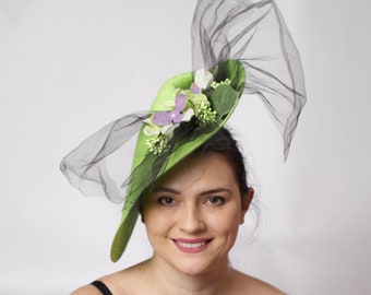 Green Fascinator hat with hydrangea, light green derby fascinator , kentucky derby fascinator , derby hat , Church Hat, British Hat