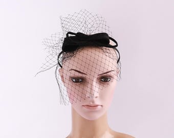 Black Fascinator with Veil Church Hat Derby Hat British Hat steam punk hat with veil black fascinator veil, funeral veil funeral gothic veil
