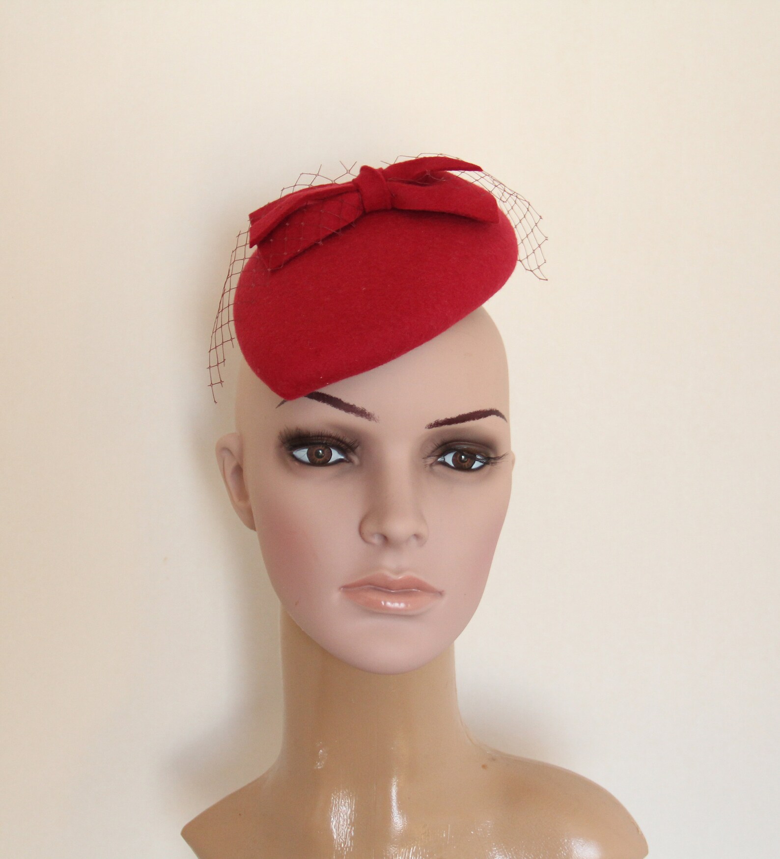 Red Pillbox, Merino Wool Fascinator Hat Red Bow Hat, Red Pillbox Hat