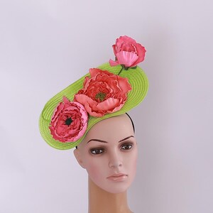 Green fascinator pink orange flowers kentucky derby hat, lime pink orange royal ascot hat, wedding hat, formal hat for women, race day hat