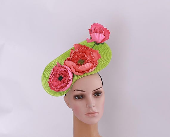 Green Fascinator Pink Orange Flowers Kentucky Derby Hat  display picture 3