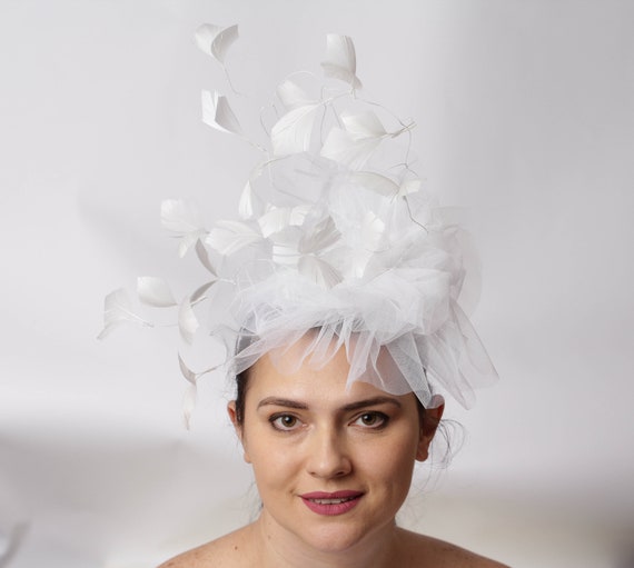 Fascinator Hat with Feathers and Veil Tea Party Church Wedding Headpiece il_fullxfull.7403260019_q2k2.jpg main image 3
