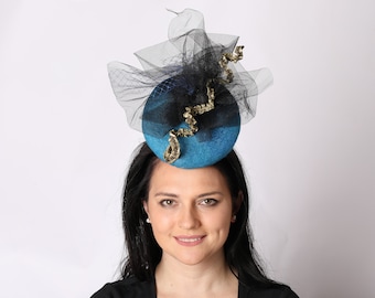 Navy blue Fascinator, Blue Fascinator Hat , navy blue Hat, Navy blue Wool Pillbox Church Hat, British Hat