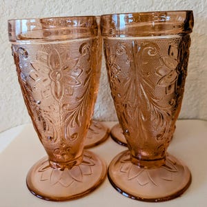 Vintage Indiana Glass Tiara Pattern Pink/Peach Footed Iced Tea/ Water Goblets Set of 4