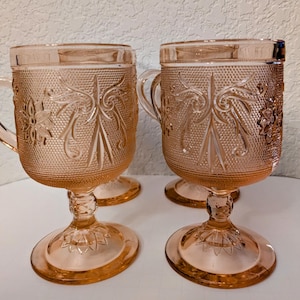 Vintage Indiana Glass Tiara Pattern Pink/Peach Footed Goblets Set of 4