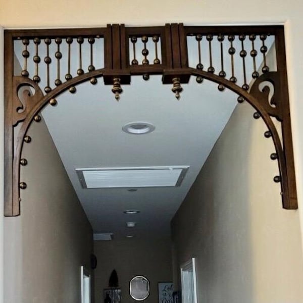 Victorian Arch Stick and Ball Arch/ Headboard for Interior home Decor Art Nouveau style for living and family room. Fretwork arch spandrel