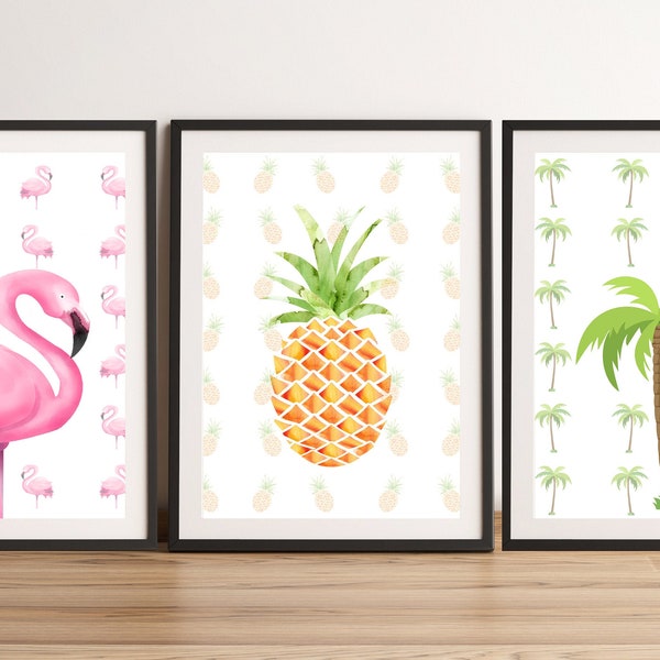 Affiches numériques décoratives - Trio estival : flamant rose, ananas et palmier