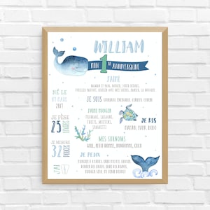 Affiche ANNIVERSAIRE océan | Premier anniversaire, anniversaire, personnalisée, fête bébé 1 an, affiche fond blanc | FICHIER NUMÉRIQUE