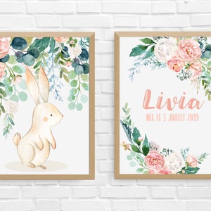 Decorative digital posters, children's room, rabbit and flower illustration