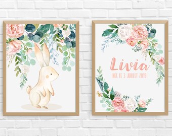 Decorative digital posters, children's room, rabbit and flower illustration