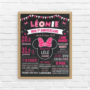 Affiche ANNIVERSAIRE Minnie Mouse | Premier anniversaire, anniversaire, personnalisée, fête 1 an, affiche fond noir | FICHIER NUMÉRIQUE