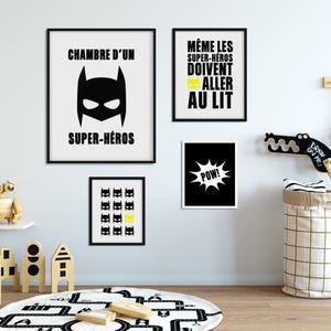 Decorative digital superhero posters, children's room, illustration, monochrome, Scandinavian, nursery, superhero