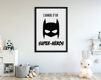 Decorative digital poster, superhero child bedroom, superhero illustration, monochrome, Scandinavian, nursery