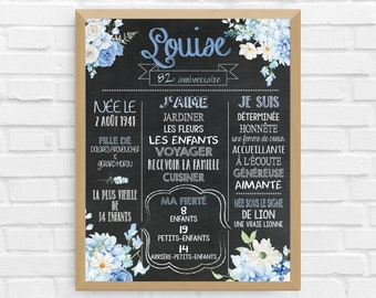 Affiche ANNIVERSAIRE fleurs bleues | anniversaire, personnalisée, fête adulte, affiche fond noir | FICHIER NUMÉRIQUE