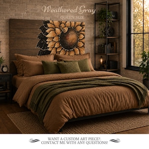 Wood Sunflower Headboard, Rustic Farmhouse Bedroom Decor