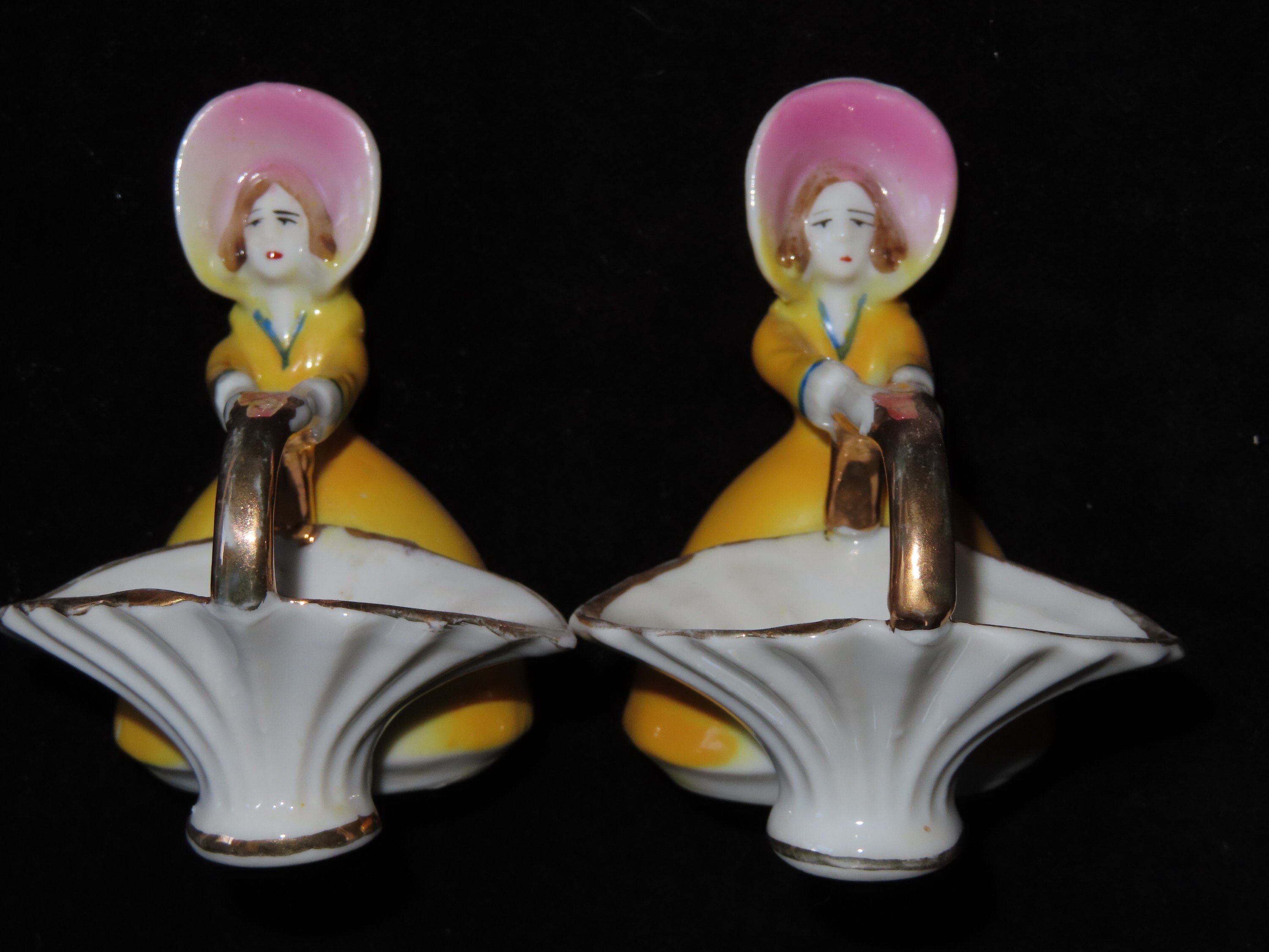 Vintage set of 2 Ceramic Miniature Lady Basket Figurines Etsy