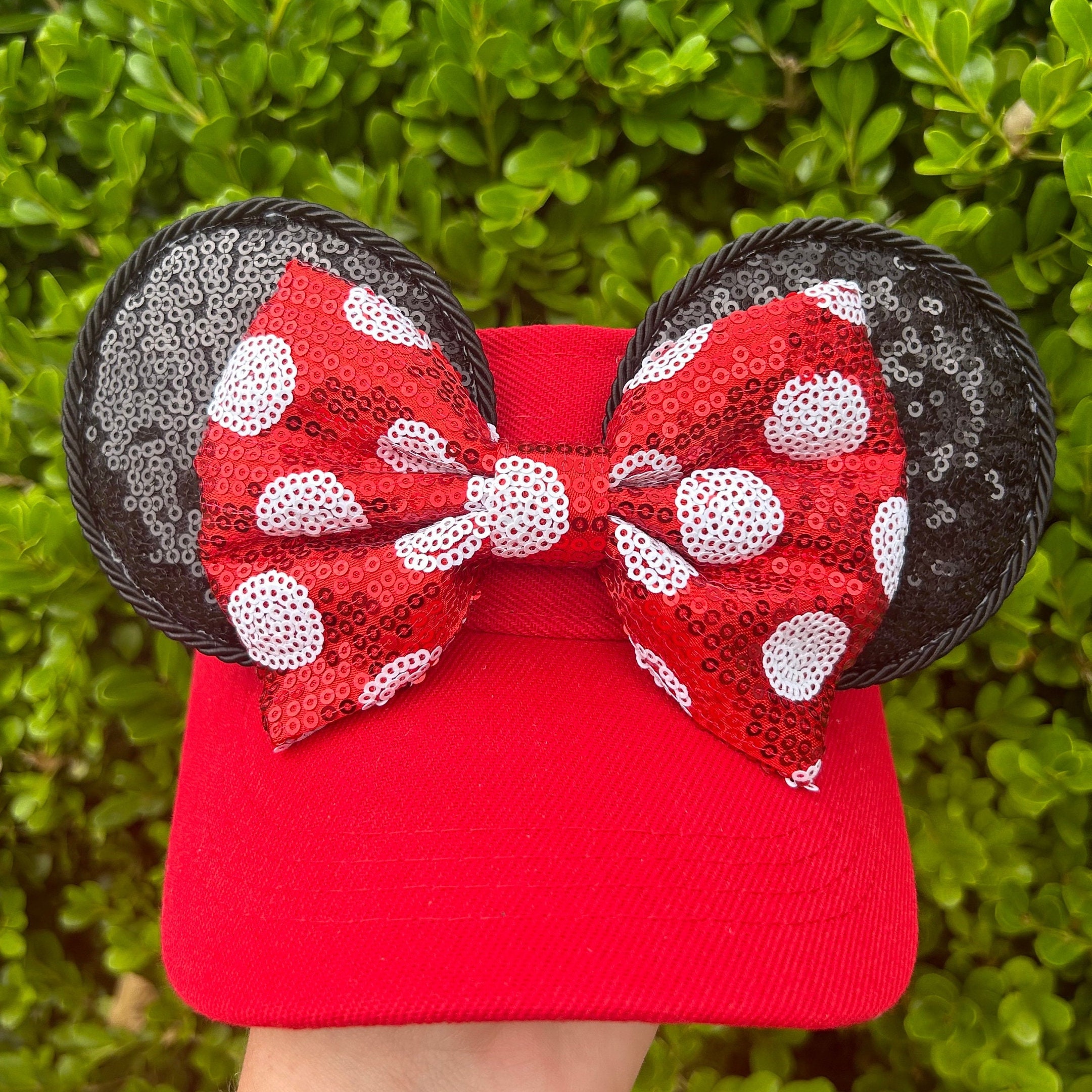 Minnie Mouse Ears Visor: Red Polka Dot Bow, Black Sequin 