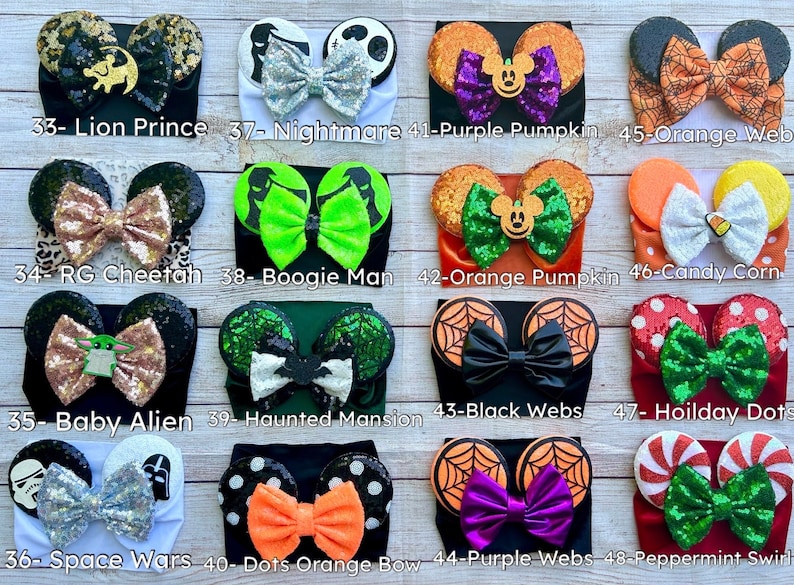 May include: A collection of 10 Halloween-themed headband sets with different character designs, including a lion, cheetah, alien, spiderwebs, pumpkins, and candy corn. Each headband features a pair of mouse ears with a bow.