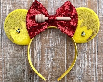 Pooh Bear Inspired Minnie Ears / Traditional Headband Baby Headband Scrunchie / Glitter Honey Mouse Ears