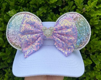 Pastel Rainbow Sequin Minnie Mouse Ears Visor, Birthday Celebration