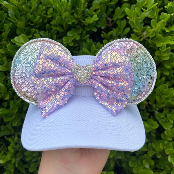 Pastel Rainbow Sequin Minnie Mouse Ears Visor, Birthday Celebration