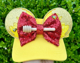 Pooh Bear Inspired Mouse Ears Visor: Red Sequin Bow, Honey Theme