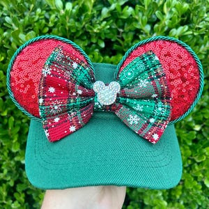 Disney Patriotic Minnie Ears Headband with Red Plaid Bow Disney Parks Red Bow Stars USA Flag Sequins Mickey Minnie  main image 4