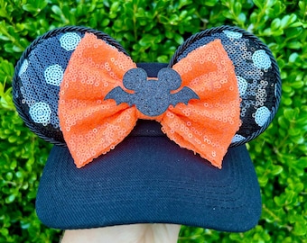 Halloween Minnie Mouse Ear Visor: Orange Sequin Bow, Polka Dot Ears