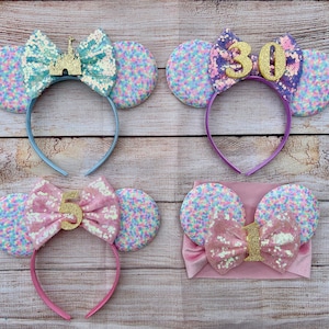 Birthday Celebration Mouse Ears / Customized Happy Birthday Mouse Ears / Pink Purple Blue Confetti Mouse Ears Matching Mom Baby Headbands