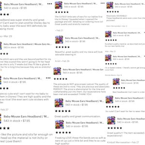 May include: Five-star reviews for a baby mouse ears headband. The headband is pictured in the top left corner of the image. The reviews highlight the quality, stretchiness, and cuteness of the headband. The reviews also mention that the headband is perfect for a trip to Disney.