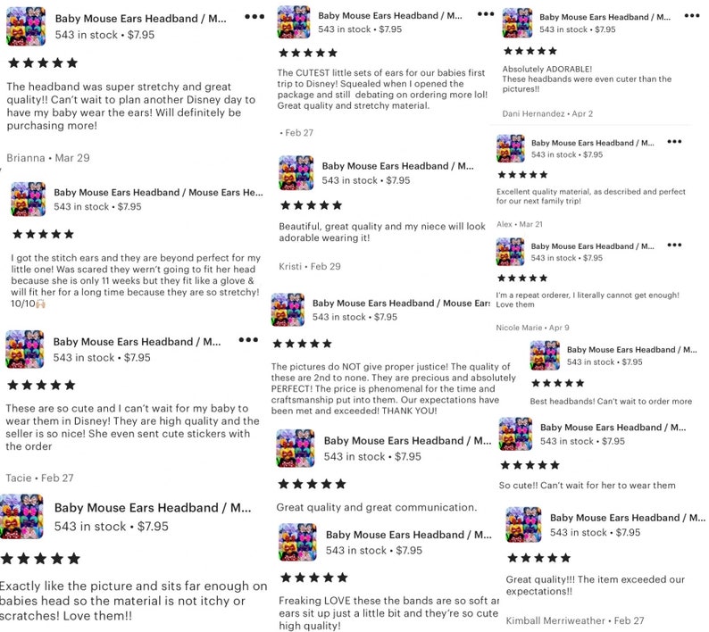 May include: Five-star reviews for a baby mouse ears headband. The headband is pictured in the top left corner of the image. The reviews highlight the quality, stretchiness, and cuteness of the headband. The reviews also mention that the headband is perfect for a trip to Disney.