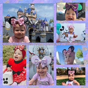 May include: A collage of photos featuring babies wearing various Disney-themed headbands with sparkly ears and bows. The headbands are in different colors, including pink, purple, and green. The photos show the babies in various settings, including a park, a playground, and a Disney theme park. The text "Customer submitted review photos for CastlesNCruisin" is visible at the bottom of the collage.
